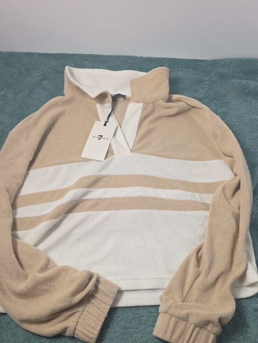 7 For All Mankind Beige and White Striped Terry Thin Sweater